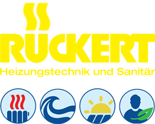 Logo Rückert mit Icons für Heizung, Sanitär, Solar und Raumluft